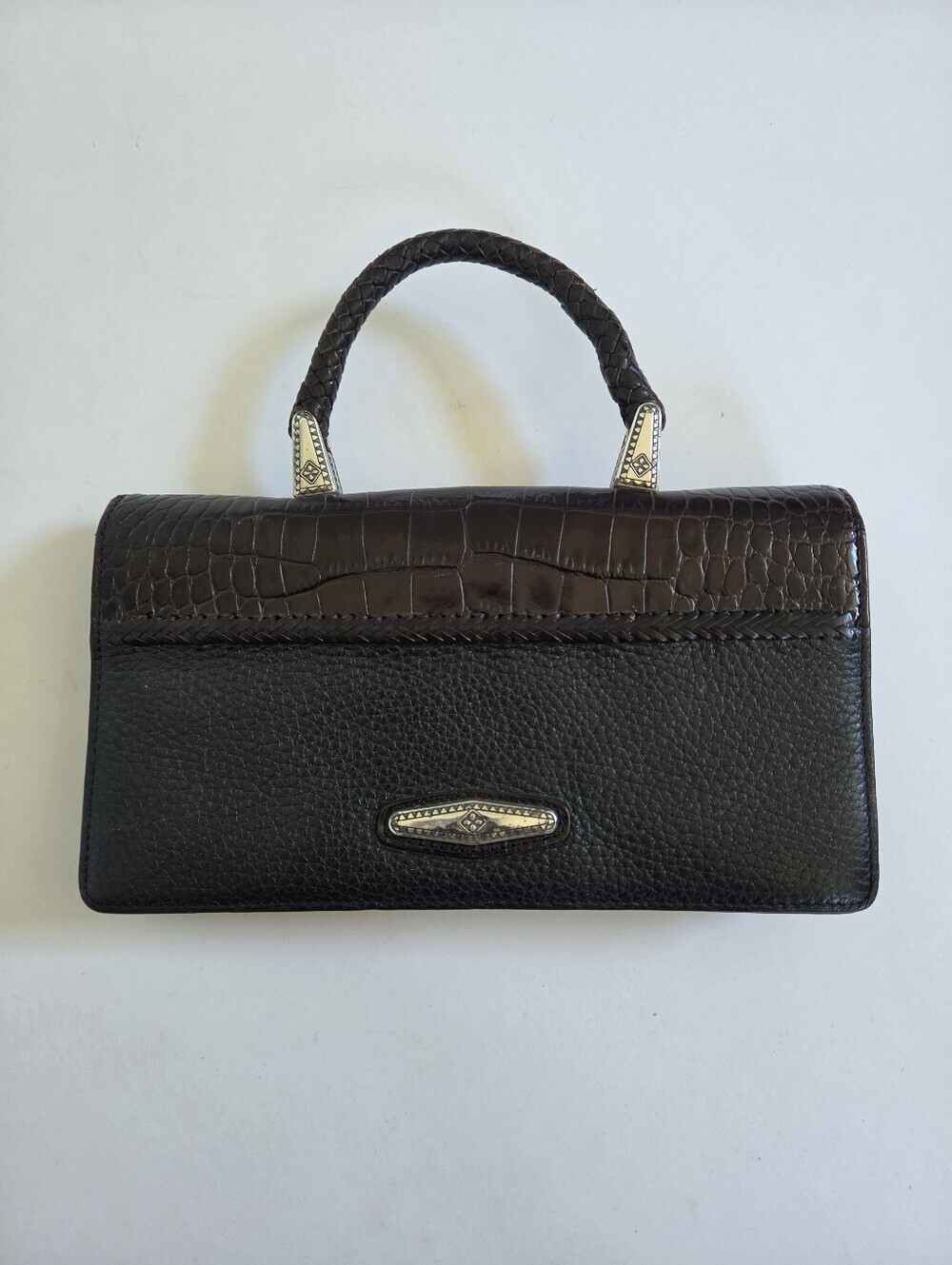VTG Brighton wallet purse black leather crossbody faux croc skin 90s y2k